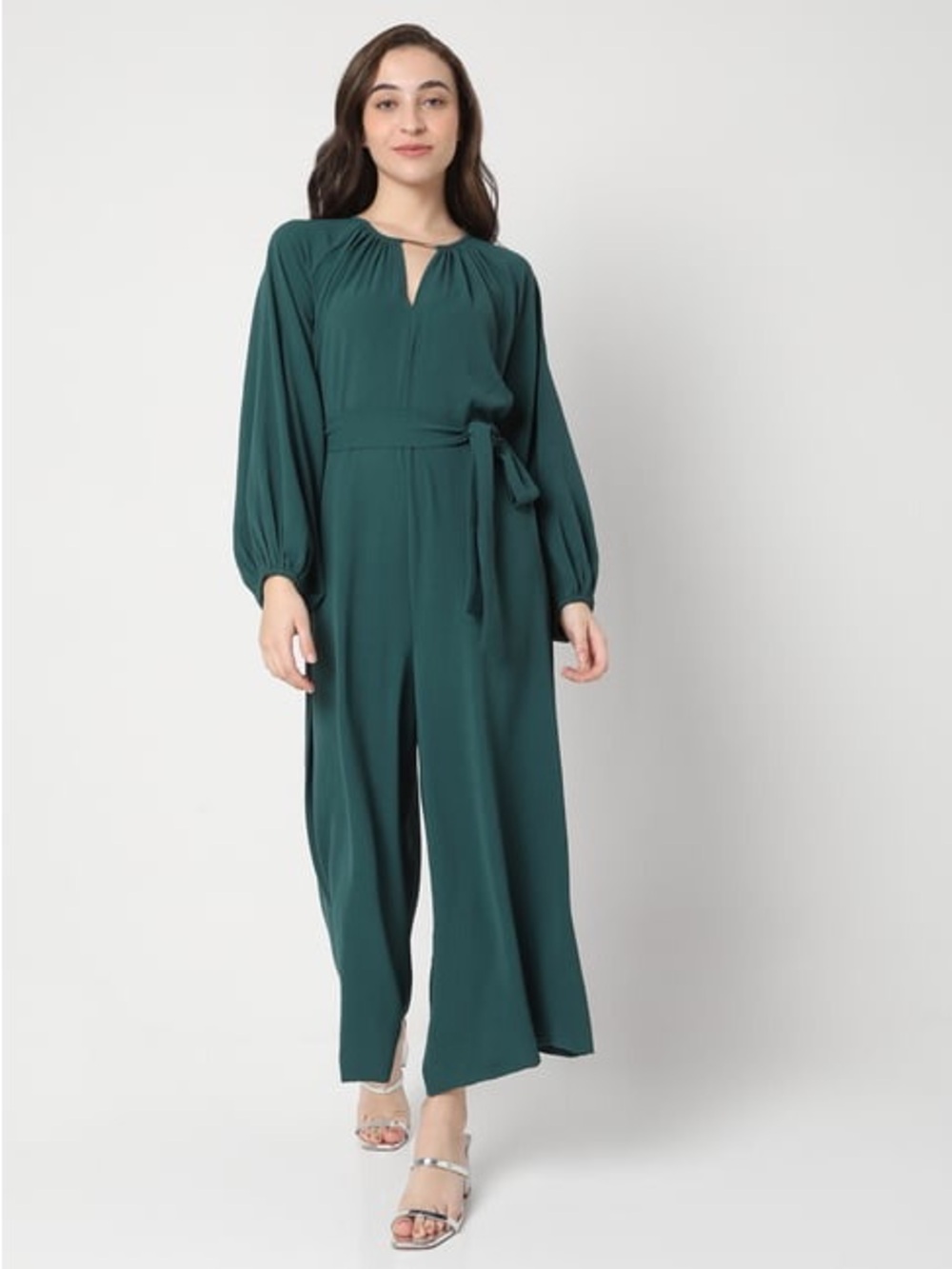 Vero Moda Teal Green Long-Sleeve Belted Wide-Leg Jumpsuit